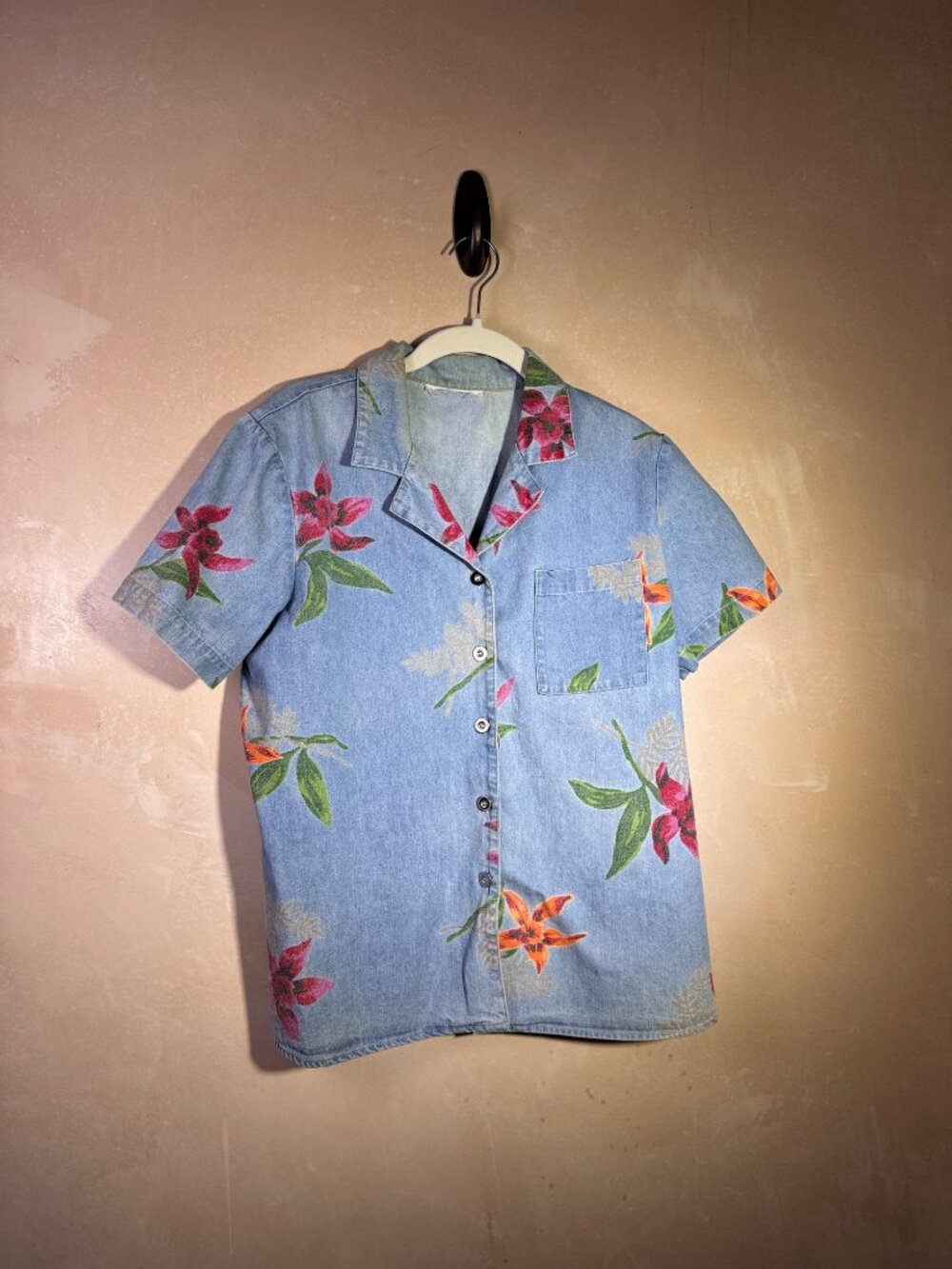Tropical Floral Chambray Denim Camp Shirt Boxy M